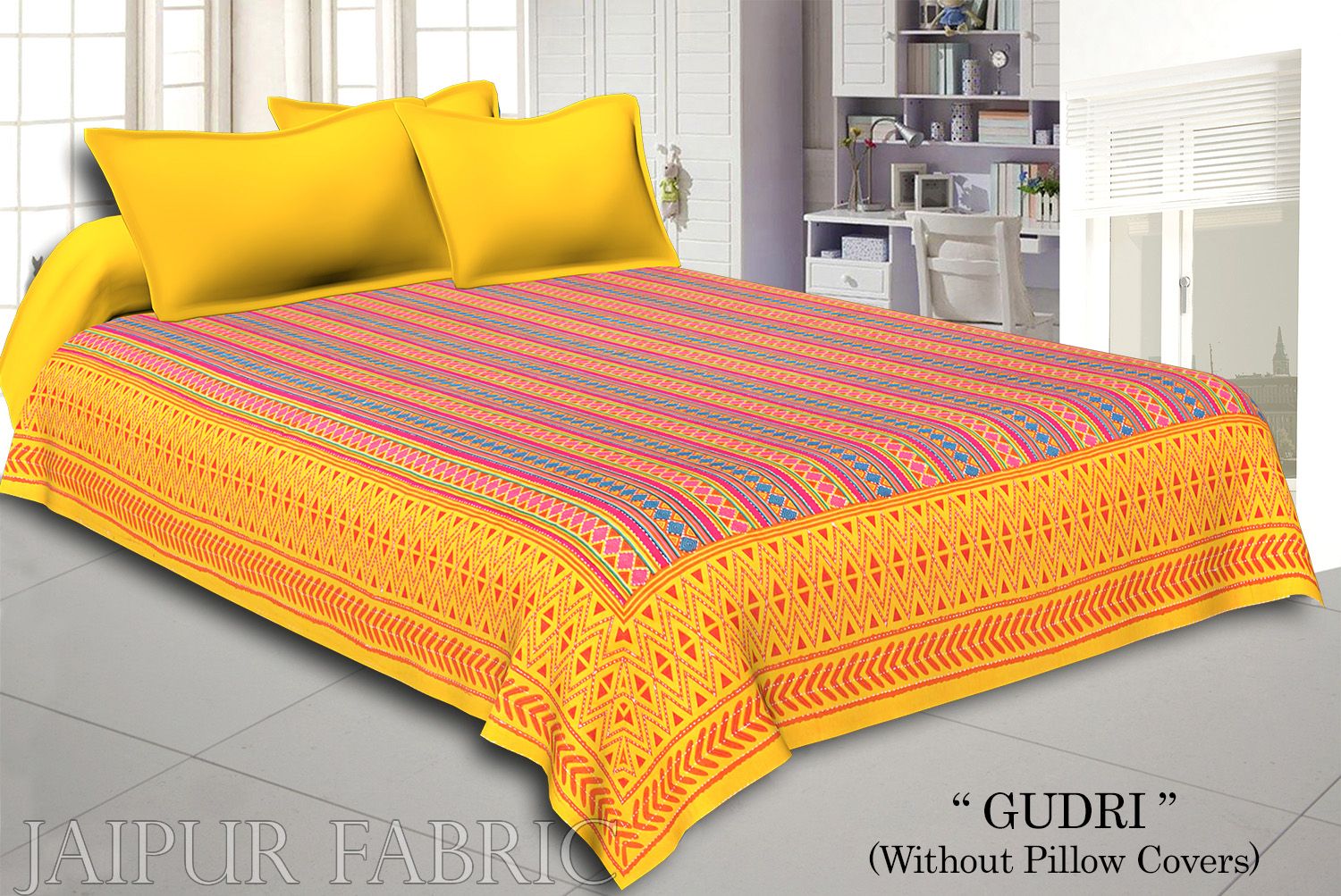 Yellow  Border Yellow And Orange Zig Zag Pattern With Thread Hand Work(Kantha) Gudri ( Bed Cover)