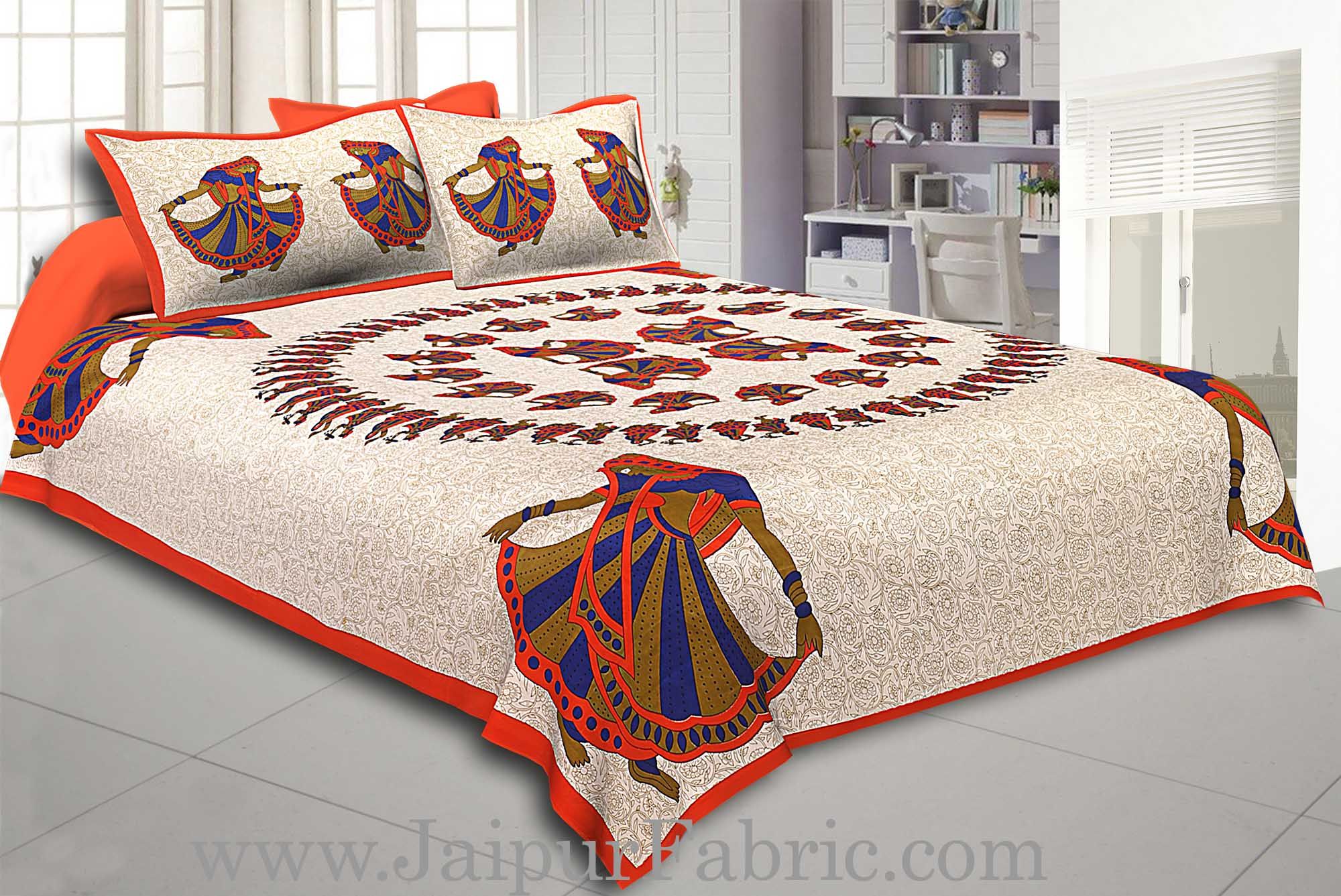 Orange Border Rajasthani Gujri Dance Cotton Double Bedsheet