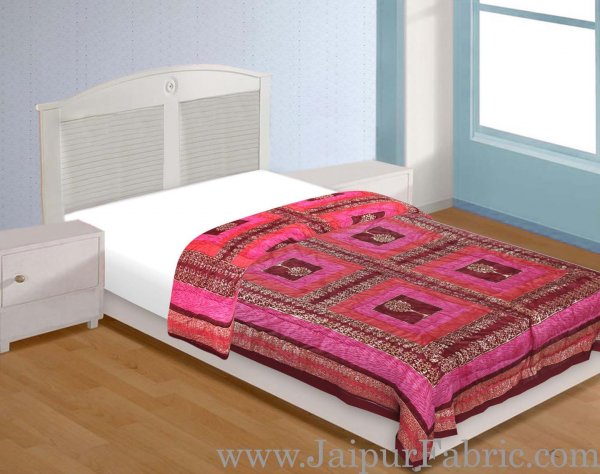 Magenta And Orange  Base Check Golden Print Fine Cotton Single Bed Quilt