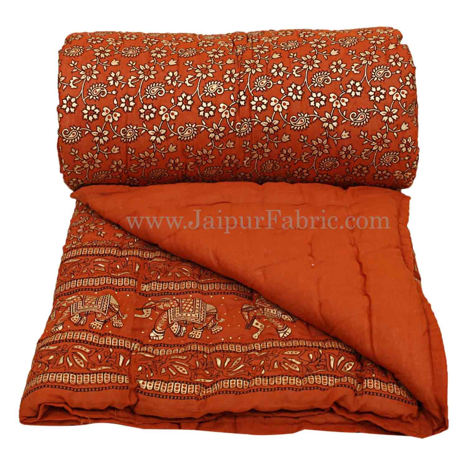 Jaipuri Razai Brick Color Elephant Golden Print Single Bed Quilt