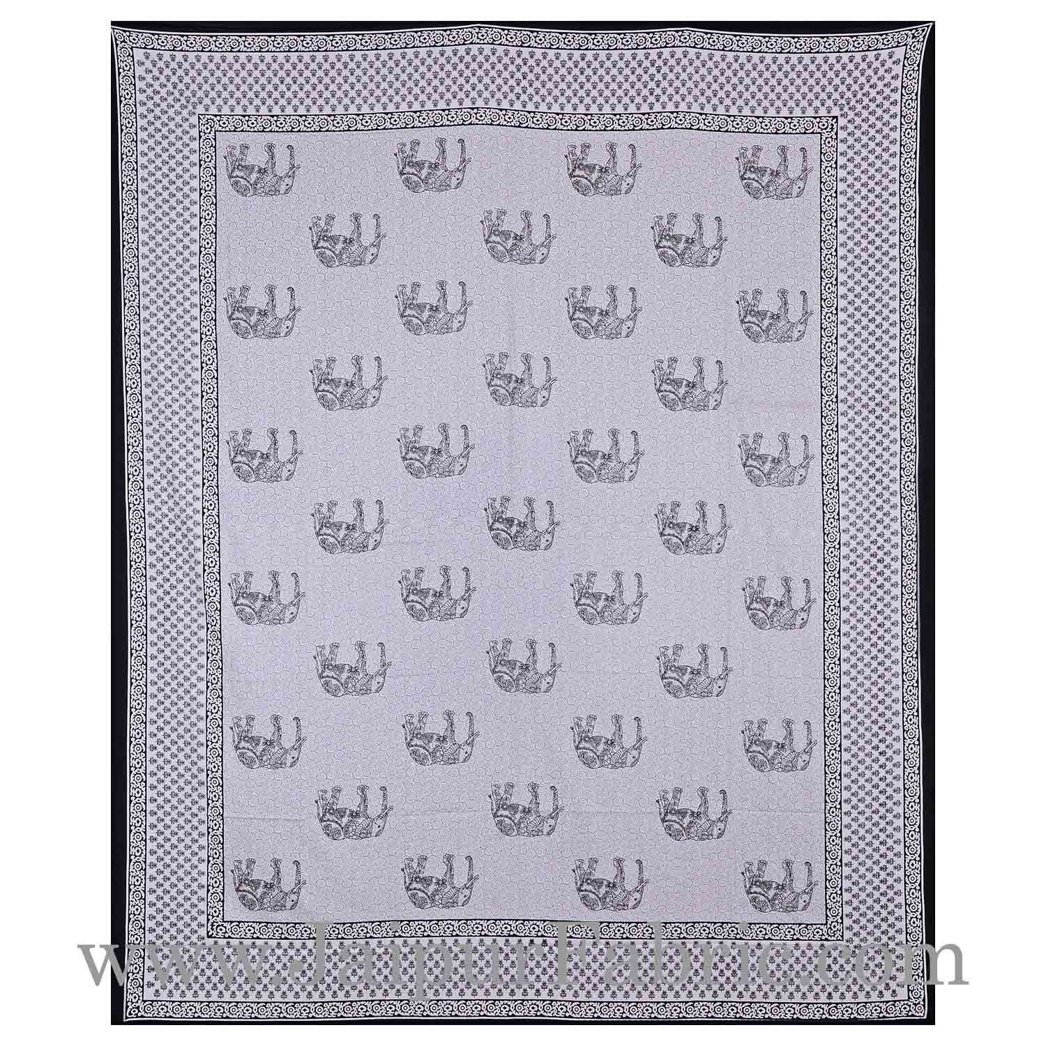 Black Borer Cream Base Black Elephant Cotton Satin Hand Block Double Bedsheet
