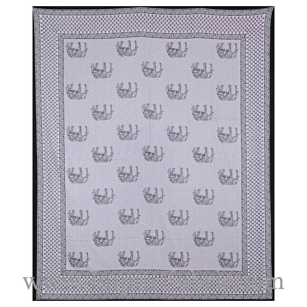 Black Borer Cream Base Black Elephant Cotton Satin Hand Block Double Bedsheet