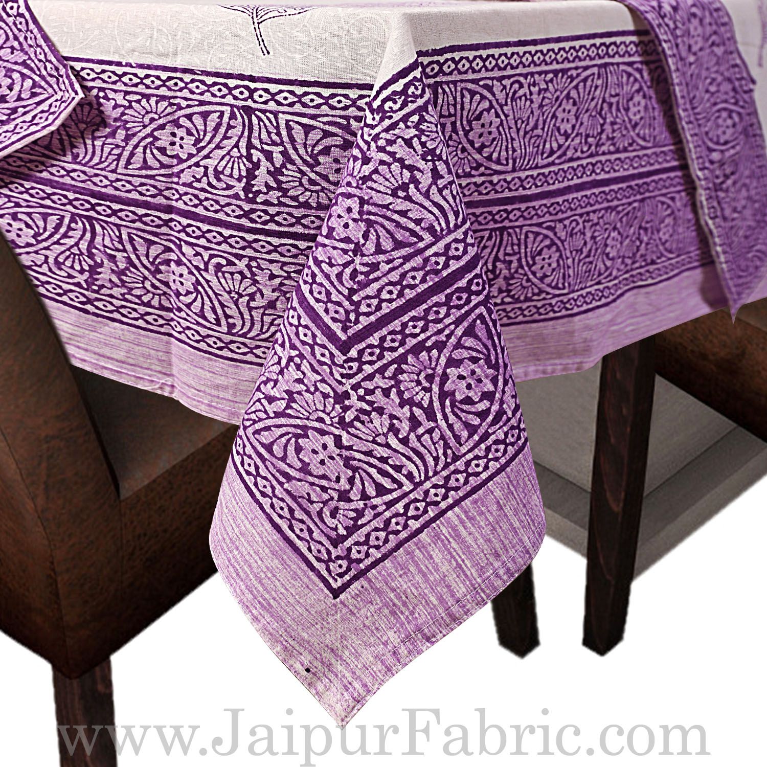 Purple Border White Base With Flower  Hand Block Print Super Fine Cotton Table Cover