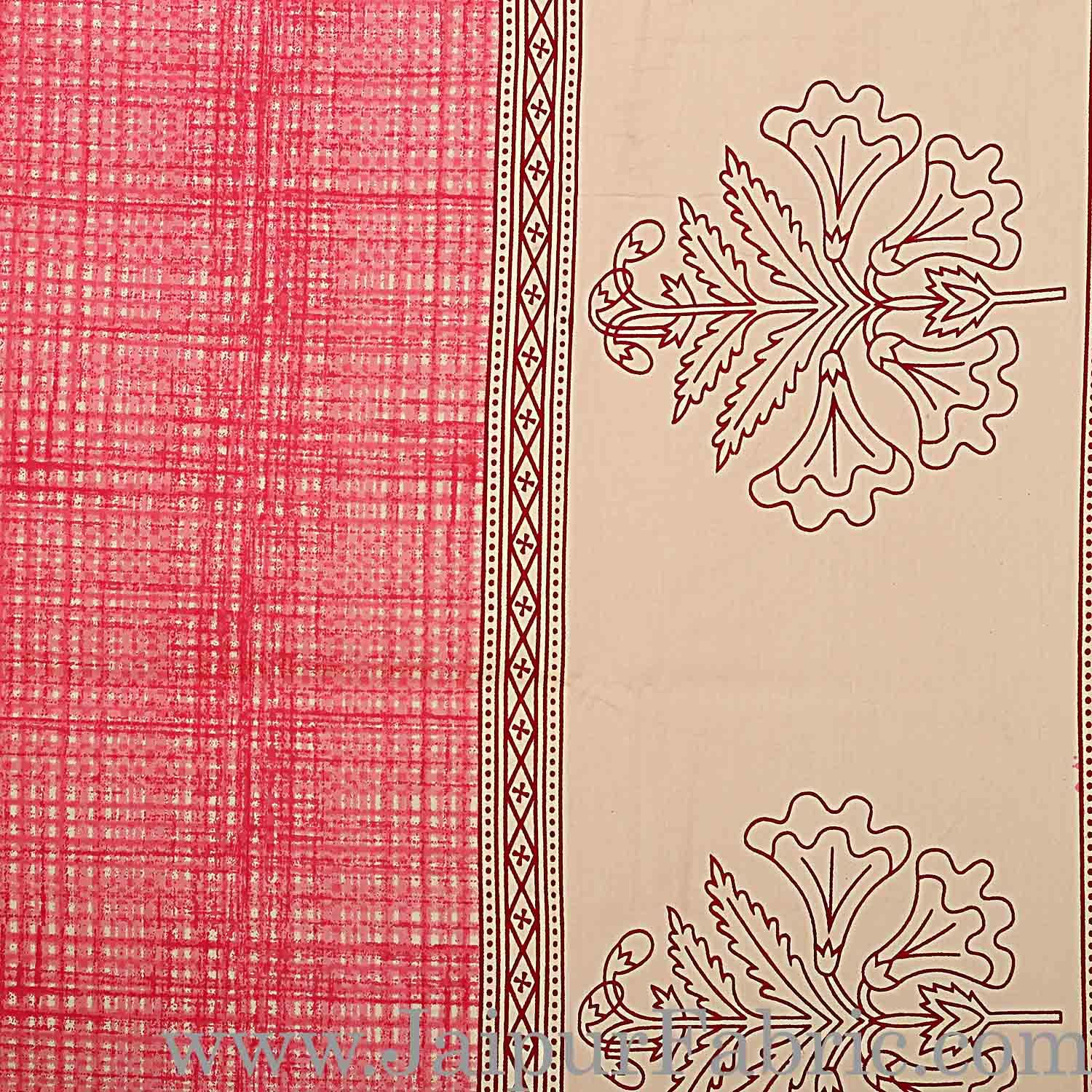 king Size Cotton Satin Double Bed sheet Pink Border With Cream Base  Hand Block  Pattern