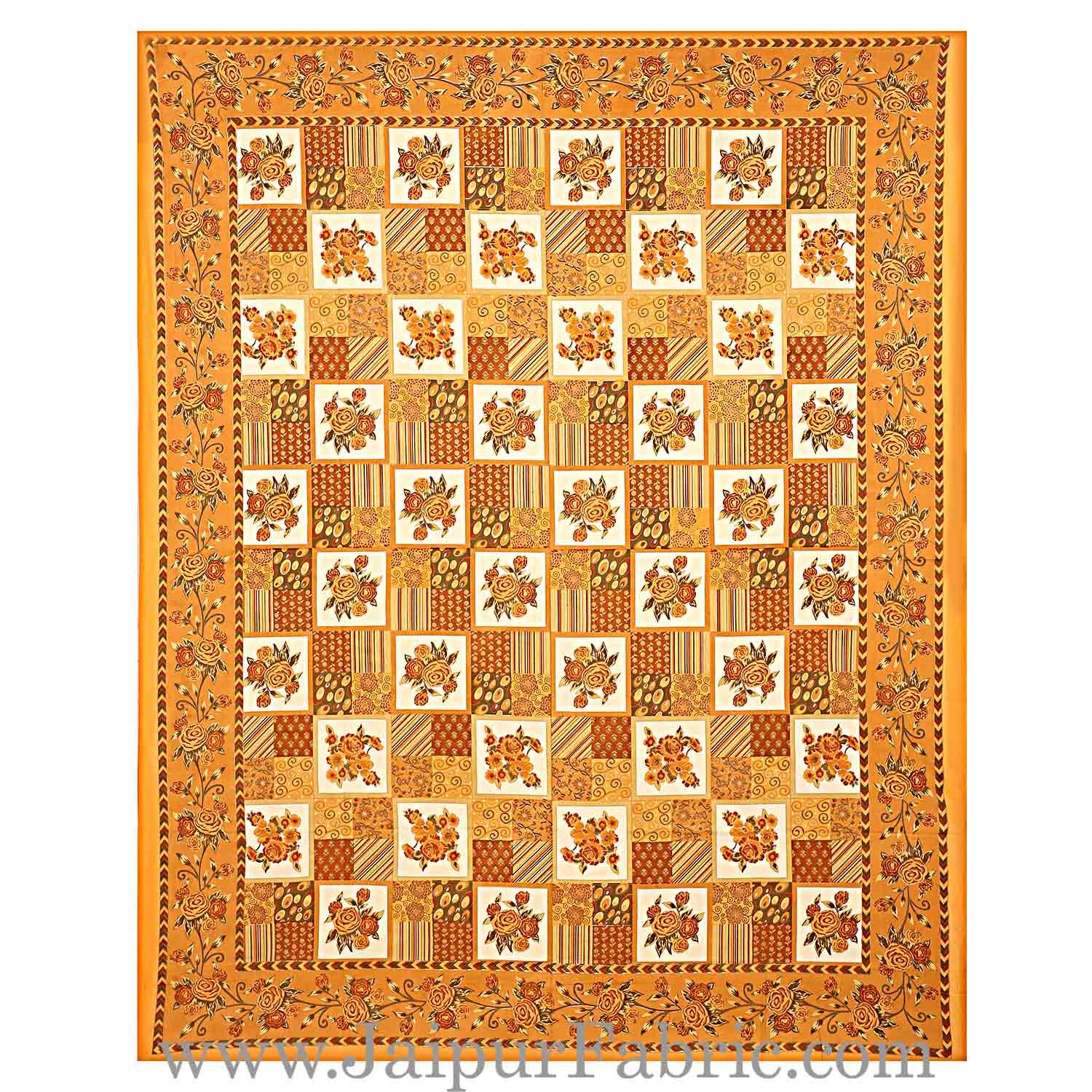 Mustard Color Floral Print Square Design Cotton Double Bed Sheet