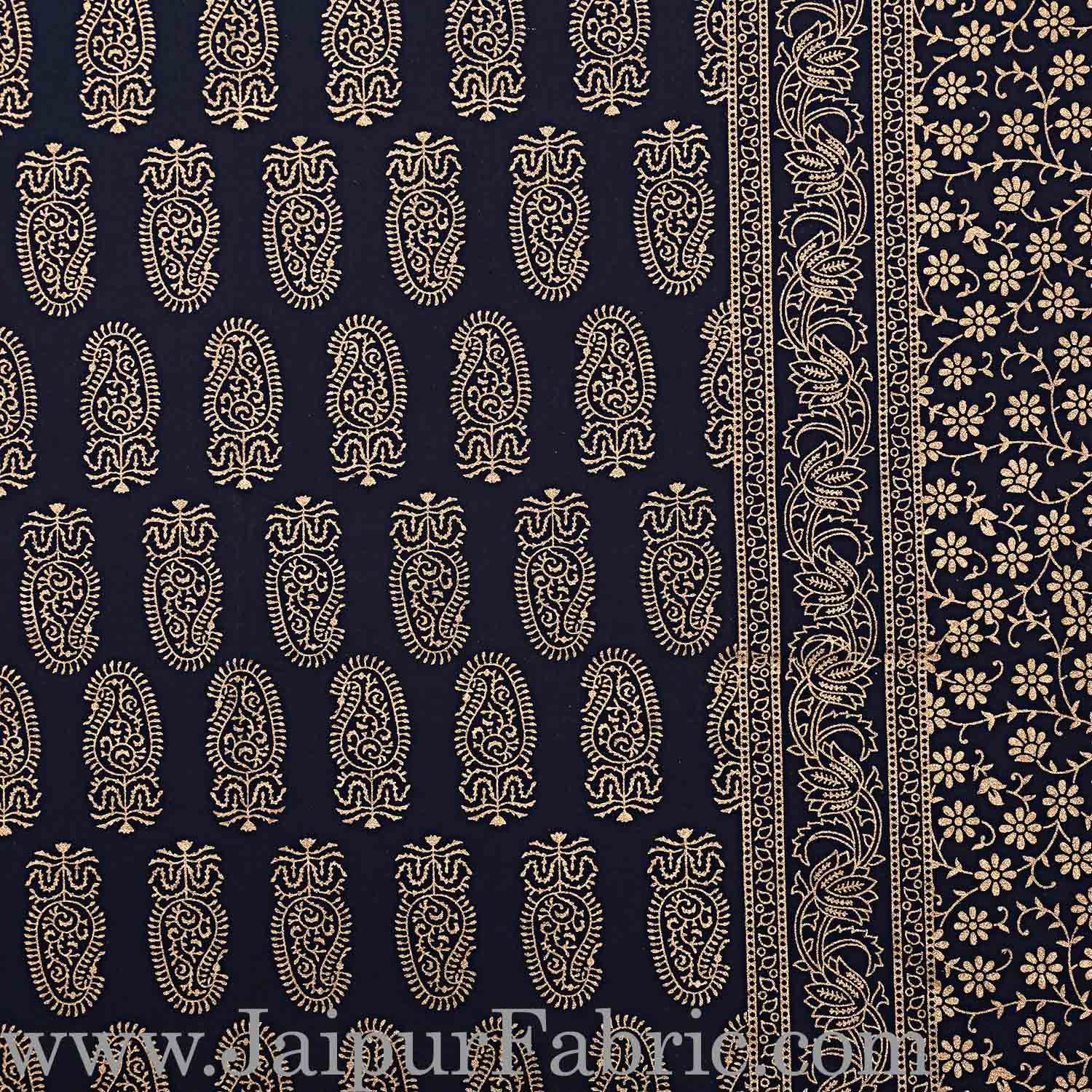 Double Bed Sheet With Shining Gold Print Blue Base Gold Kerry Pattern Super Fine Cotton