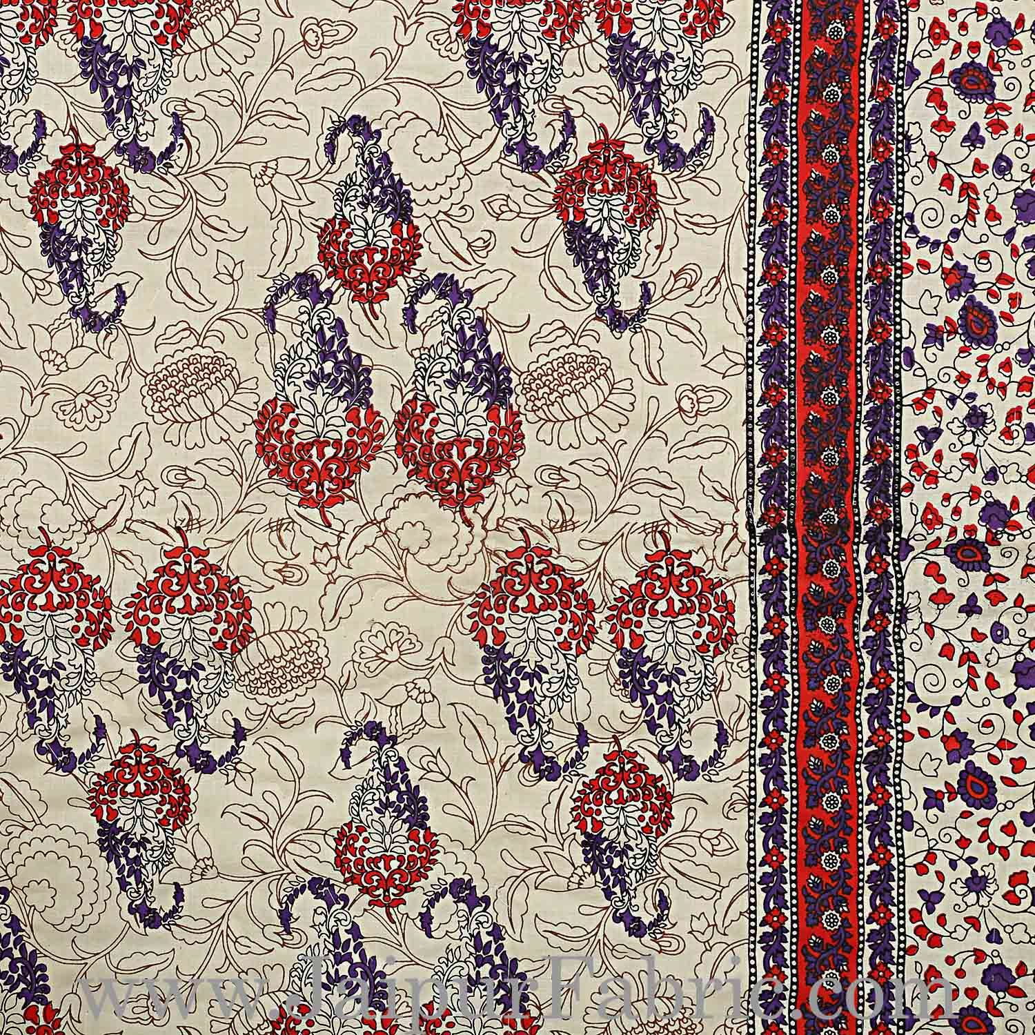 Jaipuri Printed Double Bed Razai Red  Cream Base with Mughal pattern