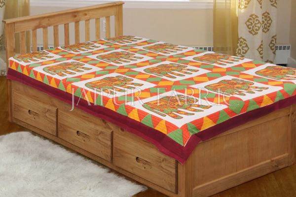 Red Border With Orange and green Elephant Print Single Bedsheet
