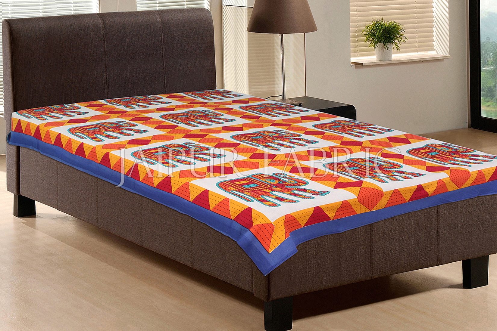Blue Border With Red and Orange Elephant Print Single Bedsheet