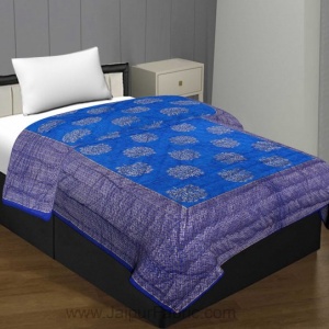 Jaipuri Printed Single Bed Razai Golden Blue And Sea Green With Leaf Pattern