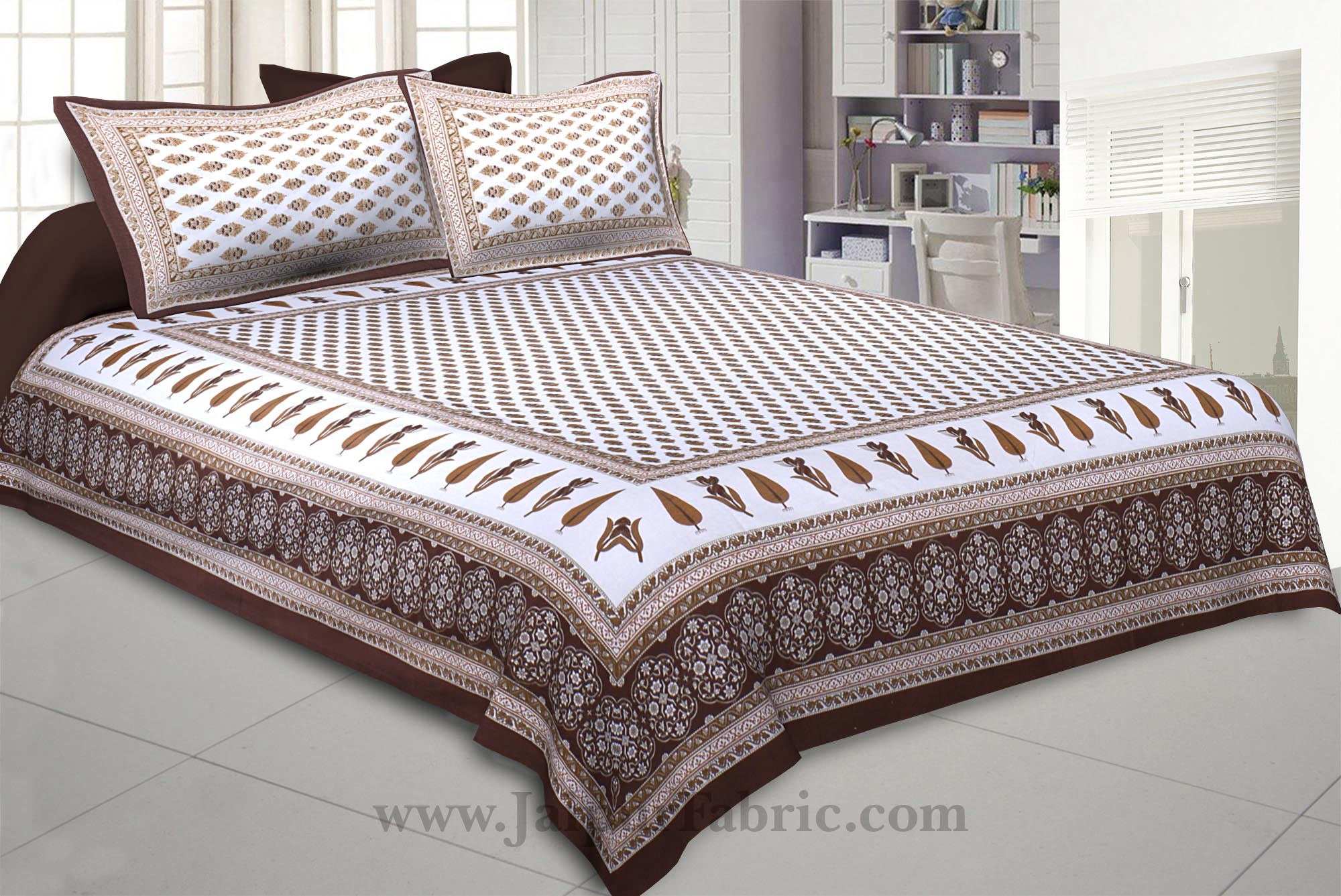 Shaded Brown Gold Print Double Bedsheet