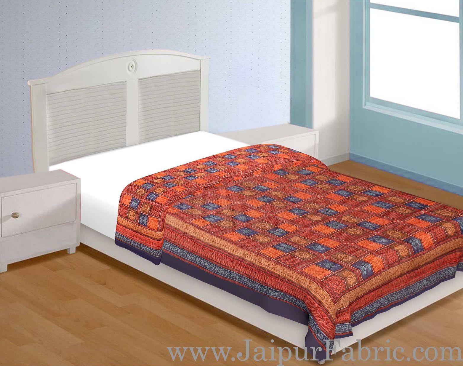 Navy Blue Border Multi Colour  Check & Dabu Print Fine Cotton  Single Bed Quilt