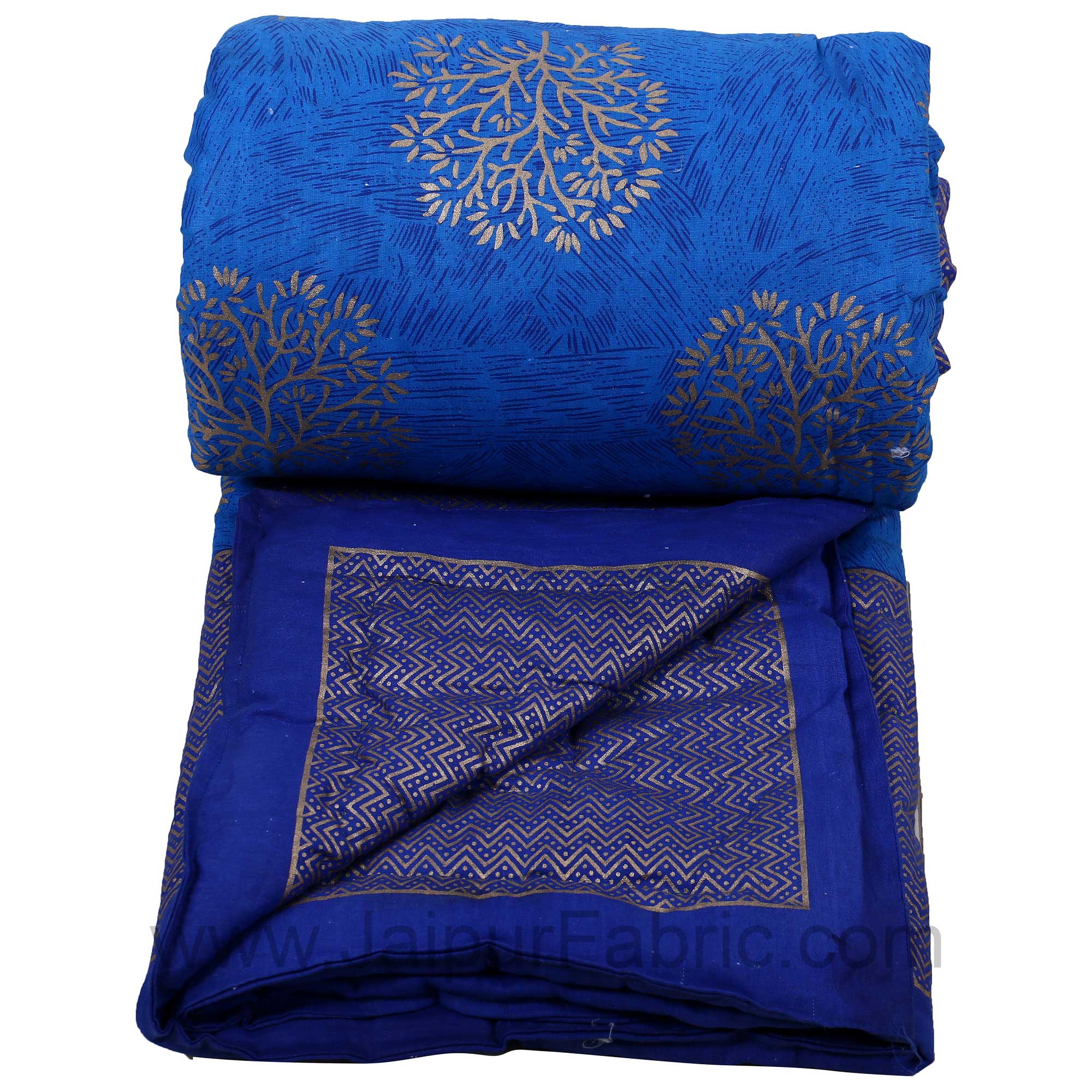 Jaipuri Printed Single Bed Razai Golden Blue And Sea Green With Leaf Pattern