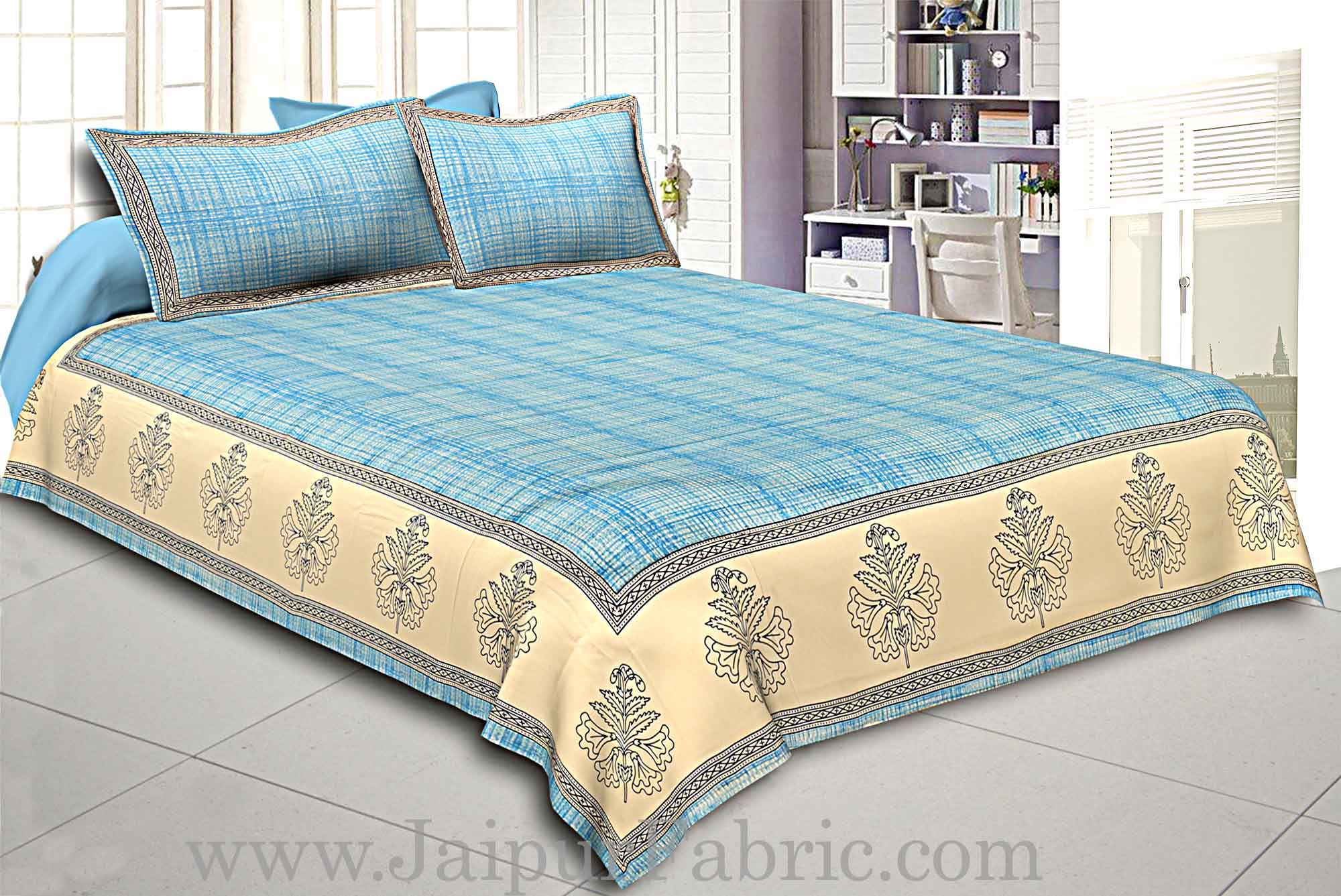 King Size Bedsheet  Cotton Satin Sky Blue Border With Cream And Blue  Base Hand Block  Pattern