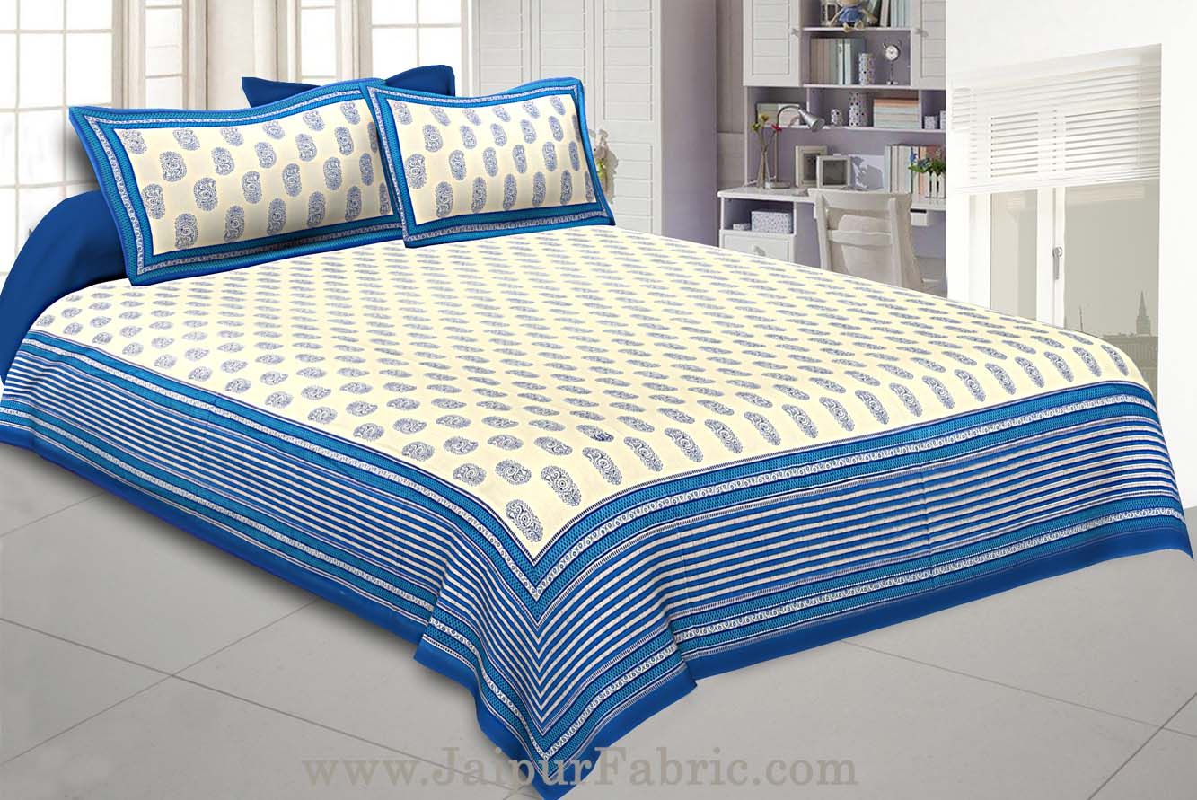 Paisley King Size Bedsheet Blue Border in Super Fine Cotton  with 2 Pillow Covers