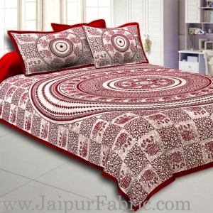 Maroon Border Cream Base Mandal   With Elephant Print Super Fine Cotton Bed Sheet