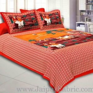 Red Border Bailgadi Pattern Pigment Print Cotton Double Bedsheet