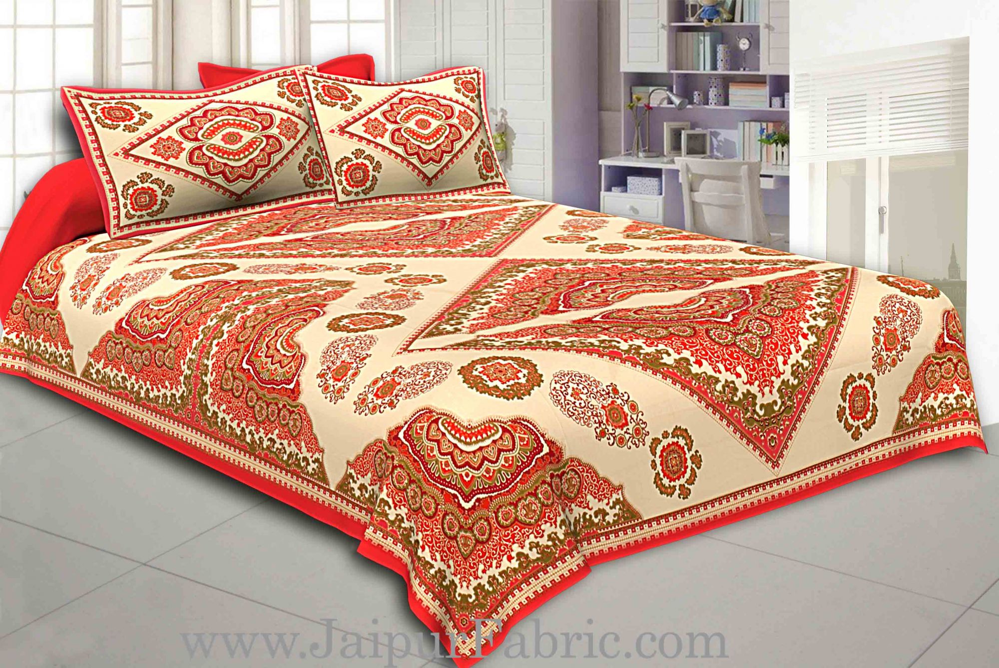 Red Border Multi Big Boota Golden Print Fine Cotton Double Bedsheet With Two Pillow