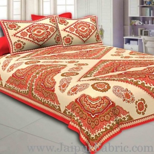 Red Border Multi Big Boota Golden Print Fine Cotton Double Bedsheet With Two Pillow