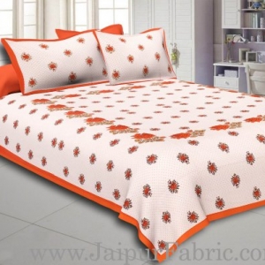 Dotted White Base Orange Lotus Flower Print Cotton Double Bed Sheet