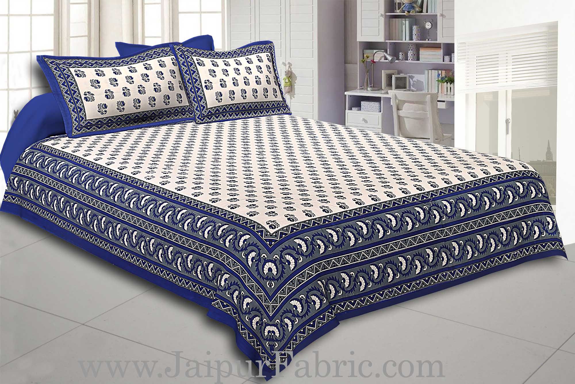 Blue Border with Bell And Floral Cotton Double Bedsheet
