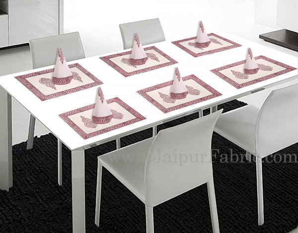 Pink Border With Hand Block Print Super Fine Cotton Mate Napkin Set  Of 6