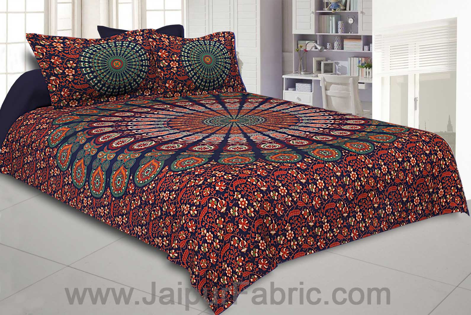 100% Cotton Hand Printed Indian Double Tapestry Bedsheet with 2 Pillow Covers A 
