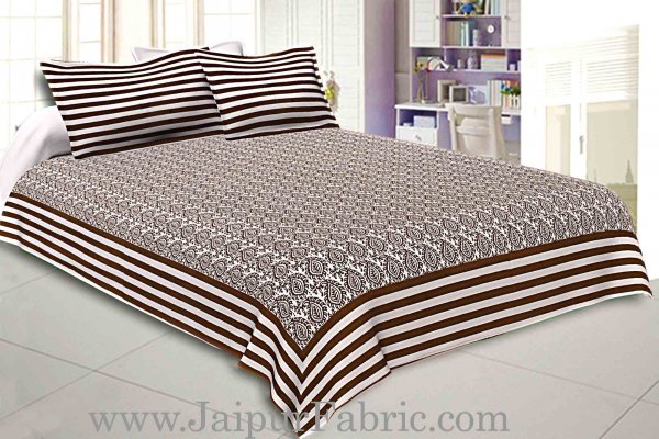 Double Bedsheet White And Chocolate  Border  Fine Cotton  Booti Print