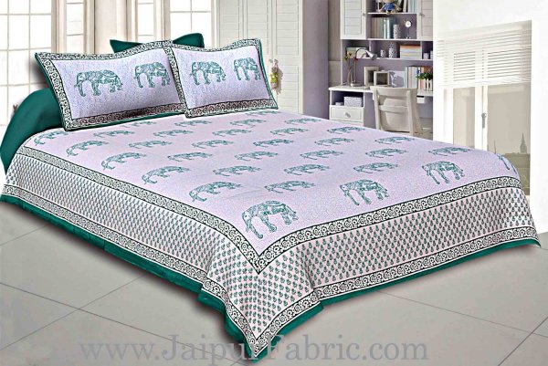 Green Border Cream Base Green Elephant Cotton Satin Hand Block Double Bedsheet