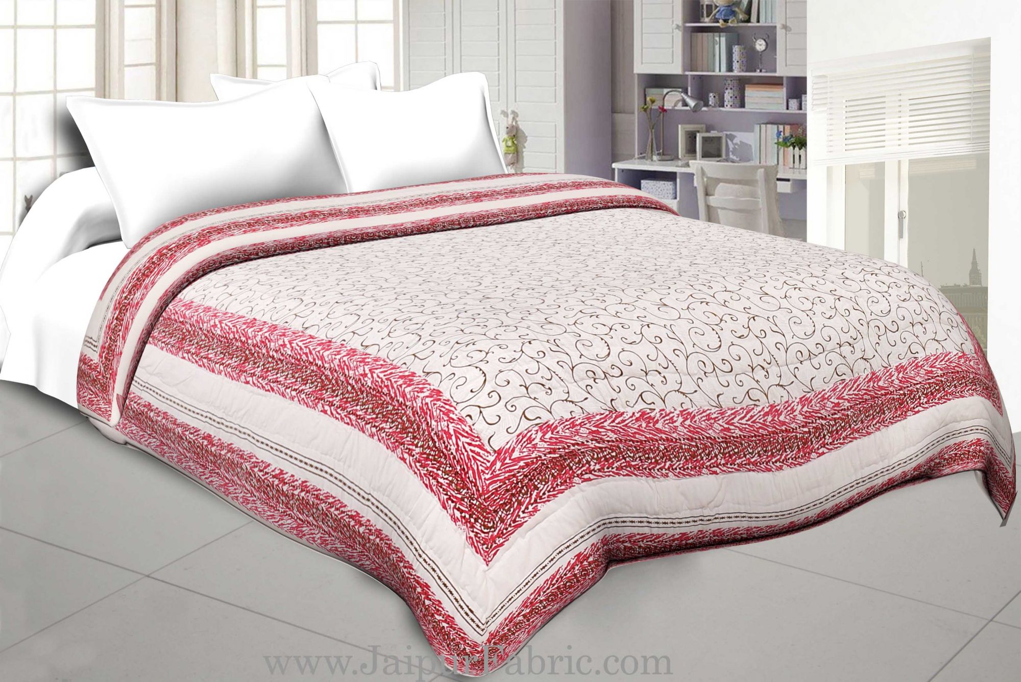 Pink Border  With Light Base Golden Boota print Both Side Printed Double Quilt