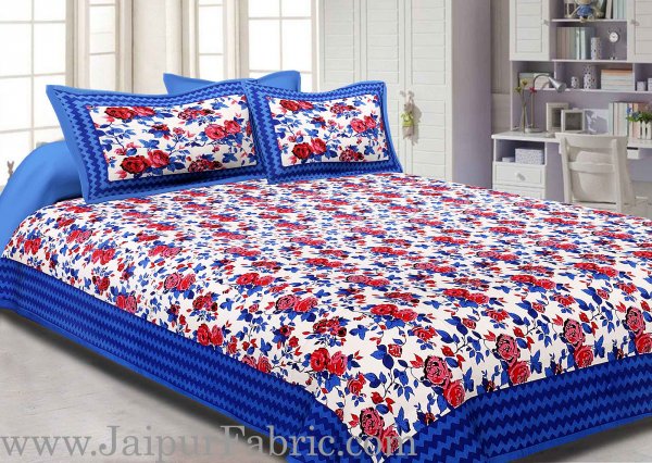 Blue Border With Zigzag Pattern Floral Print Double Bed Sheet  With 2 Pillow Cover