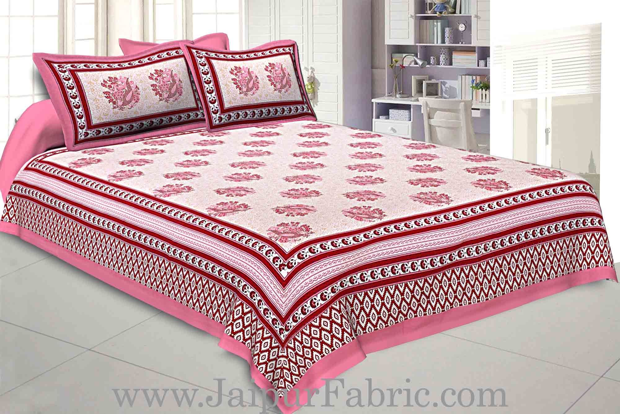 Double bedsheet Pink Border With Big Boota  Print Fine Cotton With Two Pillow Cover