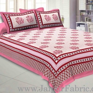 Double bedsheet Pink Border With Big Boota  Print Fine Cotton With Two Pillow Cover