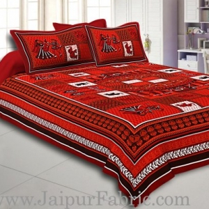 Maroon And Black Border Red Base Doli Print In Checks  Fine Cotoon Double Bed Sheet