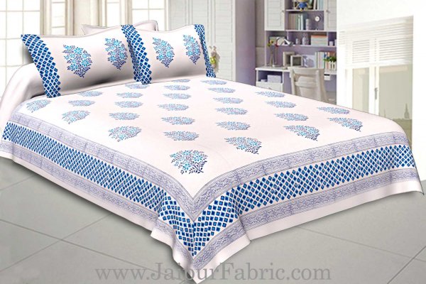 Double Bed Sheet White Base With Kadhi Print Blue Rajasthani Buta Hand Block Print Super Fine  Cotton
