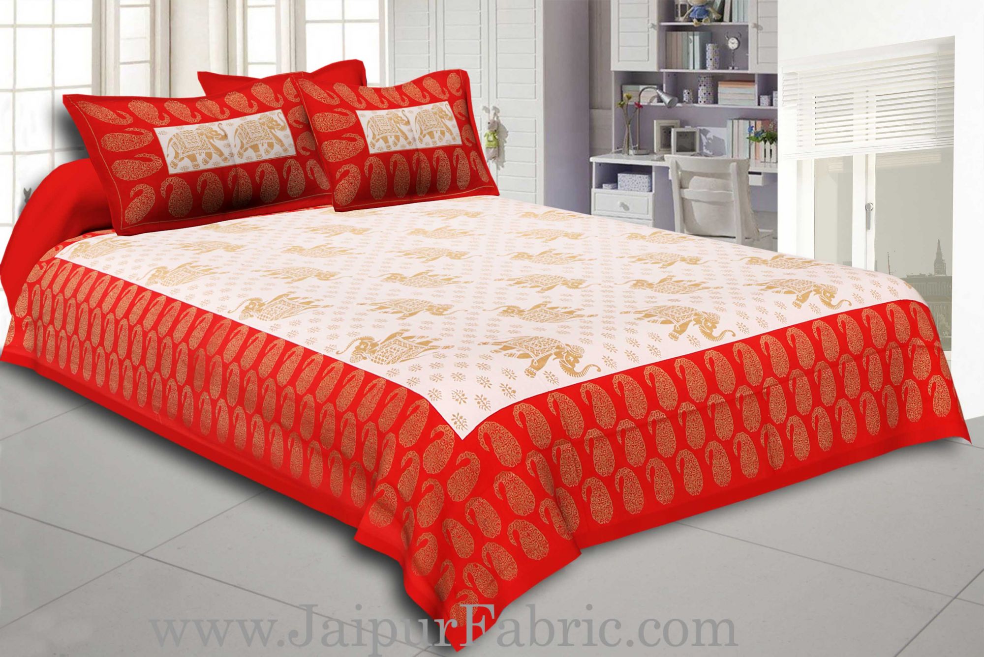 Red Border Elephant Golden Print Cotton Double Bedsheet With Pillow Cover