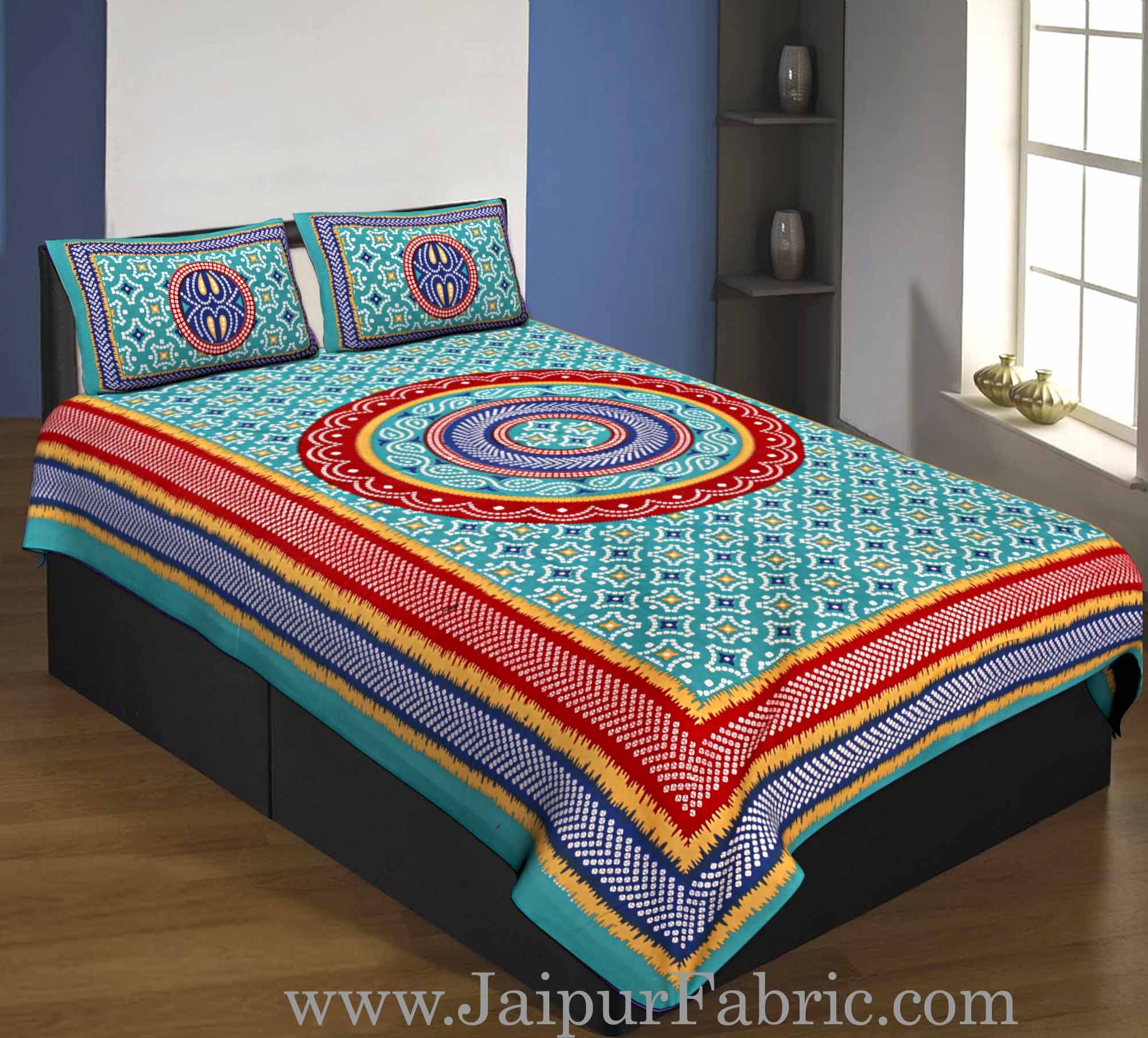 Single Bedsheet Pure Cotton Sea Green  Border with  Bandhej and Rangoli Print