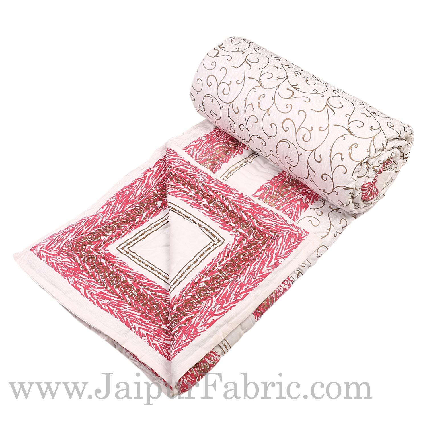 Pink Border  With Light Base Golden Boota print Both Side Printed Double Quilt