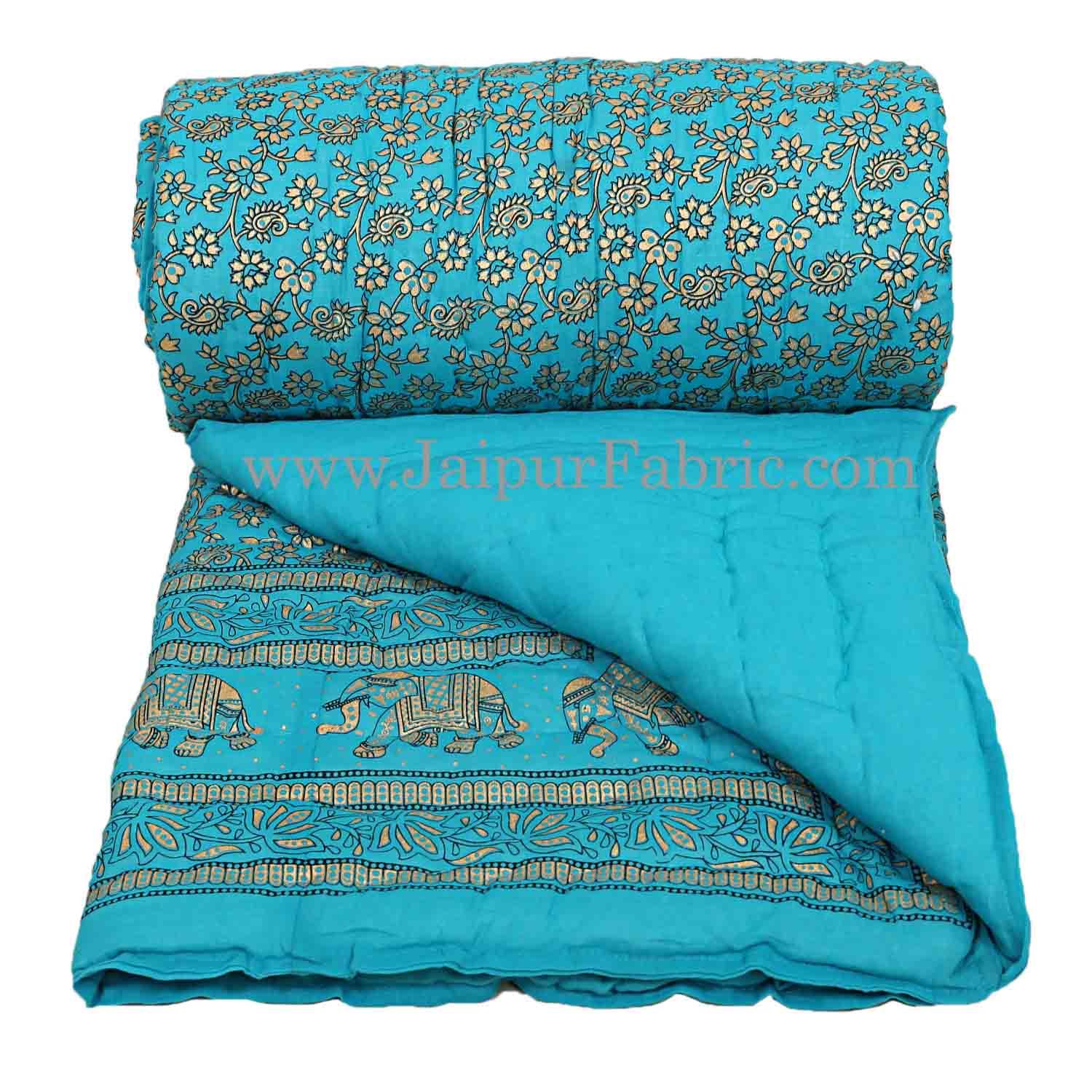 Jaipuri Razai Aqua Color Elephant Golden Print Single Bed Quilt