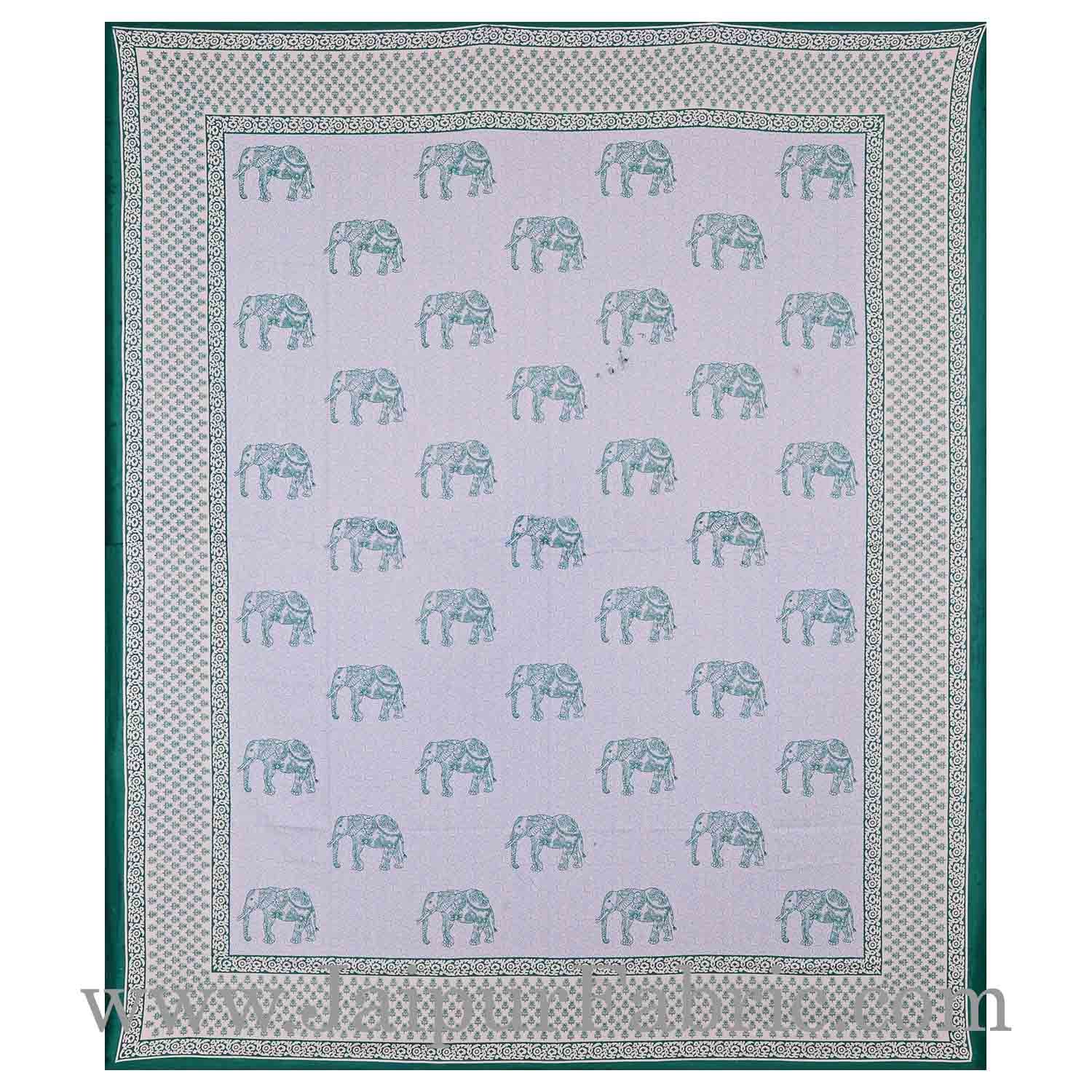 Green Border Cream Base Green Elephant Cotton Satin Hand Block Double Bedsheet