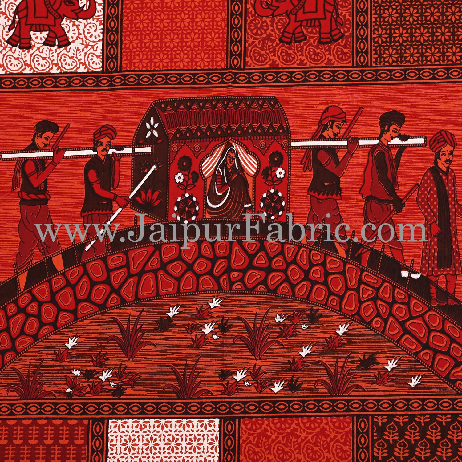 Maroon And Black Border Red Base Doli Print In Checks  Fine Cotoon Double Bed Sheet