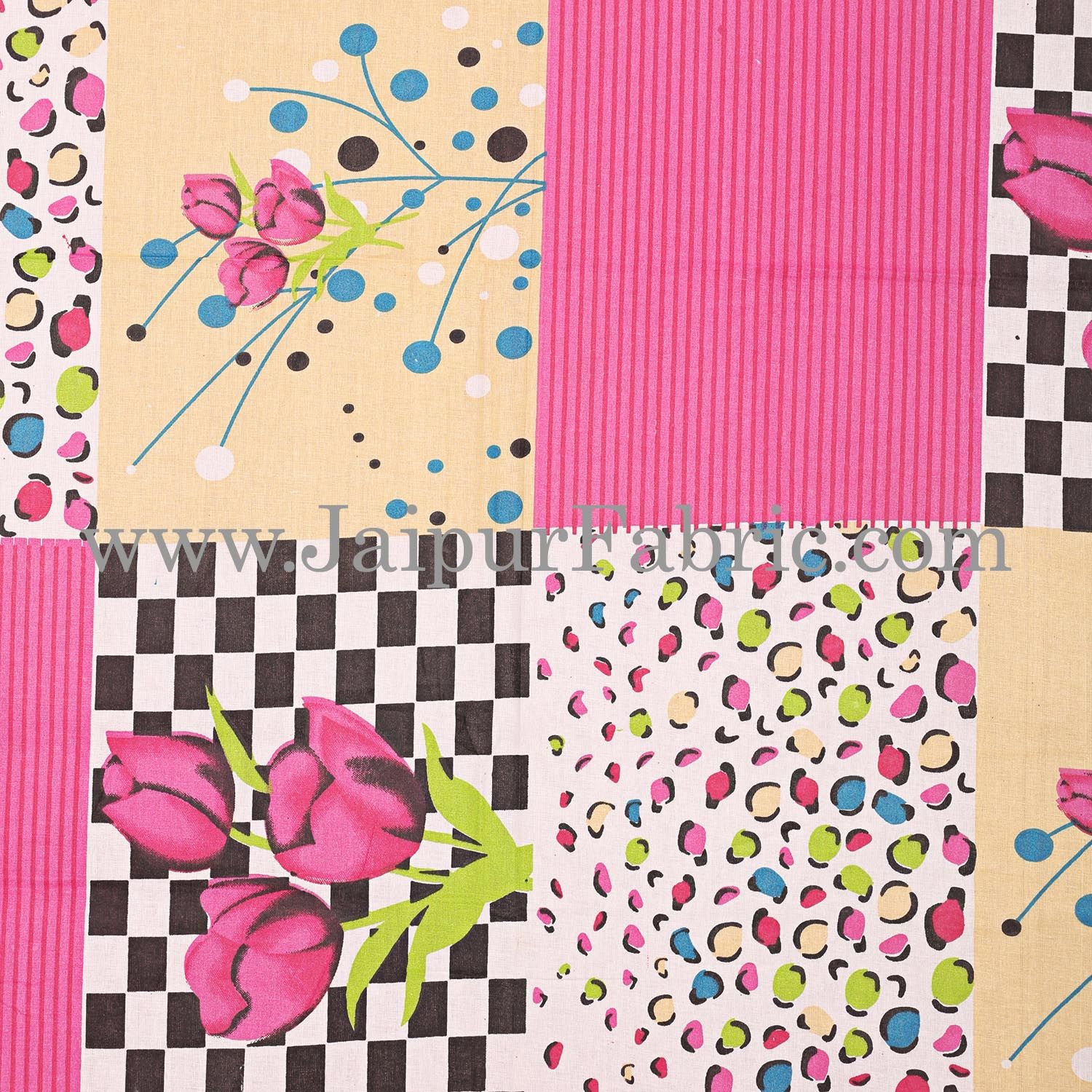 Pink Flower with Checkered Print Double Bed Sheet