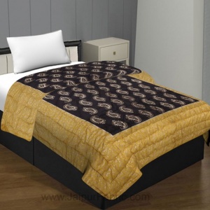 Jaipuri Printed Single Bed Razai Golden Yellow and Dark Brown Green with Paisley pattern
