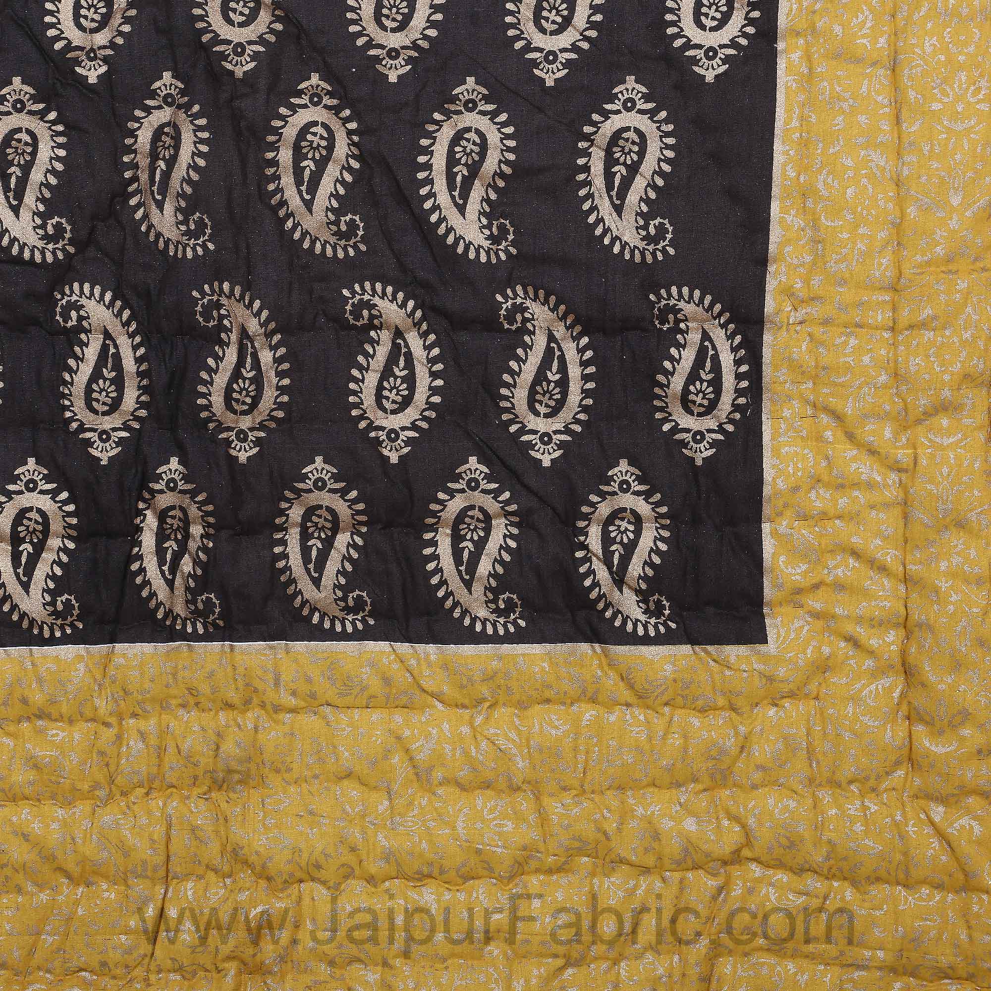 Jaipuri Printed Single Bed Razai Golden Yellow and Dark Brown Green with Paisley pattern