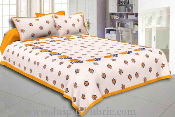 Dotted White Base Yellow Lotus Flower Print Cotton Double Bed Sheet