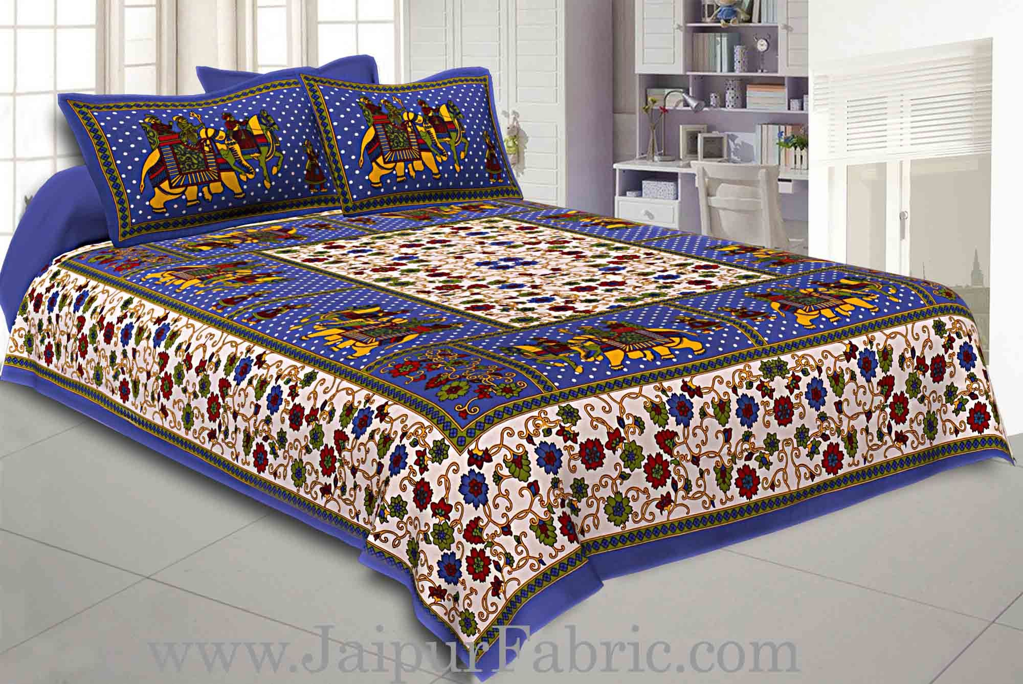 Double Bedsheet Blue Border Gangaur Print Fine Cotton With Two Pillow Cover