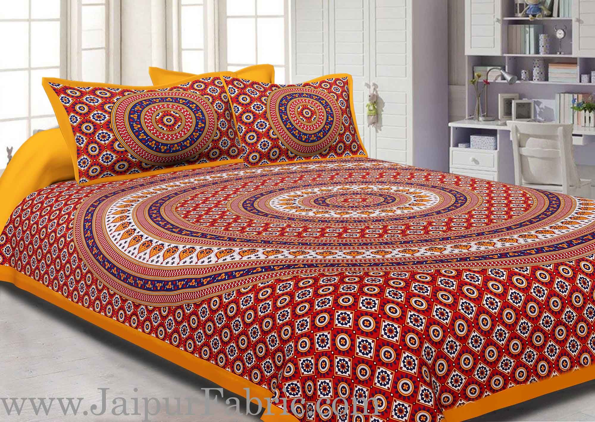 Yellow Border Sanganeri Print Cotton Double Bed Sheet With 2 Pillow Cover