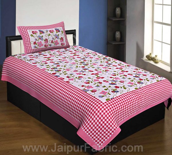 Floral Single Bedsheet Pink Color Dotted Border with 1 Pillow Cover