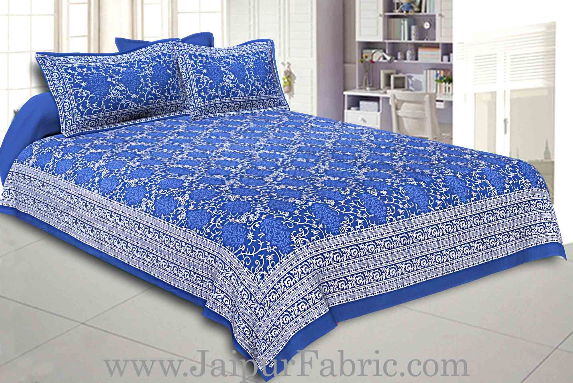 Double Bedsheet Royal Blue Vintage Seamless Print With 2 Pillow Covers