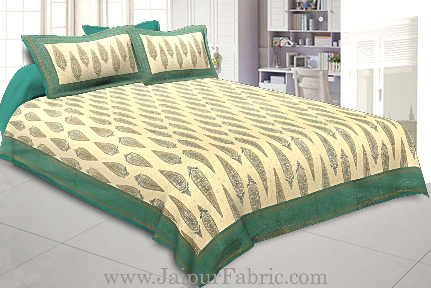 King Size Bedsheet Sea Green Border Golden Paisley Print With